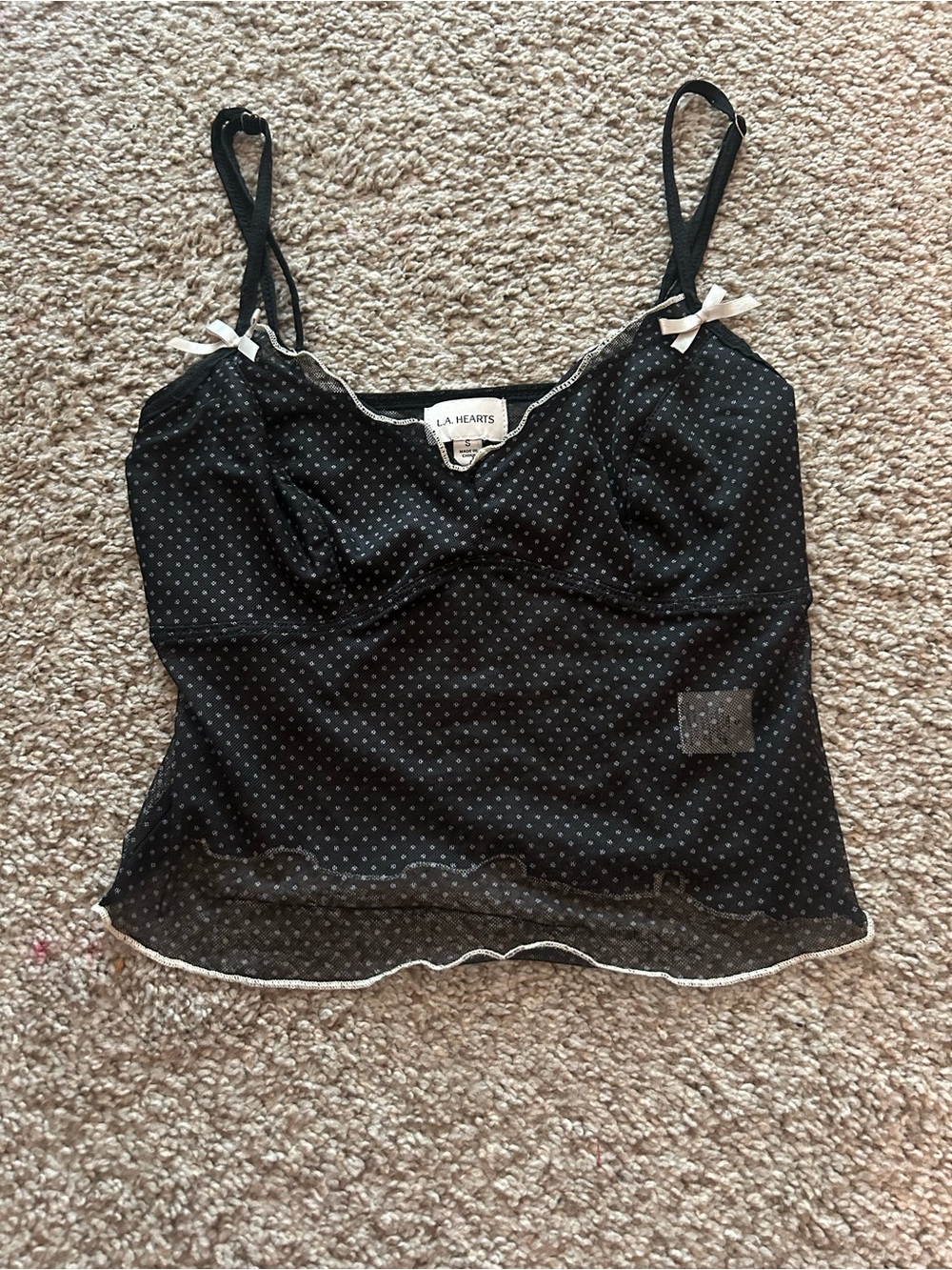 La Hearts Black Polka Dot Mesh Cami with White Trim